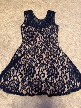Betsy & Adam Black Lace Overlay Dress with Nude Lining